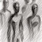 Vygenerováno pomocí umělé inteligence DALLE-2 dotazem: Black and white pencil drawing of a group of indistinguishable vague human figures. Černobílá kresba několika depresivně vypadajících lidských postav bez viditelných rysů.