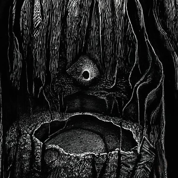 Vygenerováno pomocí umělé inteligence Craiyon-v3 dotazem: Black and white ink drawing of a deep hole in ground with something inside, dark, uncanny, eerie, unsettling. Černobílá kresba podivné hluboké jámy, kterou cosi nepřirozeného pozoruje.