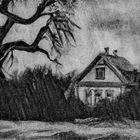 Vygenerováno pomocí umělé inteligence DALLE-2 dotazem: Old black and white scary painting with an old house and trees. Černobílá kresba starého domu obklopeného vegetací a pokřiveným stromem.
