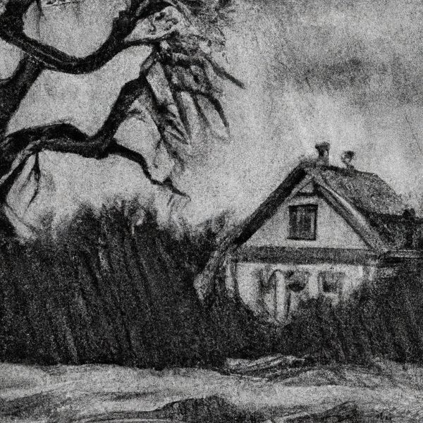 Vygenerováno pomocí umělé inteligence DALLE-2 dotazem: Old black and white scary painting with an old house and trees. Černobílá kresba starého domu obklopeného vegetací a pokřiveným stromem.