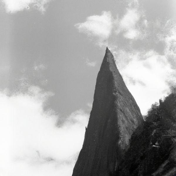 Vygenerováno pomocí umělé inteligence DALLE-2 dotazem: Old black and white photo of a very thin and high mountain which looks like a needle reaching skies. Tmavý obrys úzké hory, trojúhelníkového charakteru, sahající až do oblak