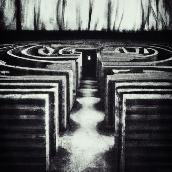 Vygenerováno pomocí umělé inteligence DALLE-2 dotazem: Old black and white photo of a dark labyrinth with strange geometry. Labyrint s podivnou geometrií s tmavými dveřmi uprostřed.